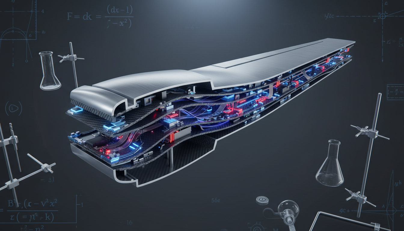 A highly detailed, cross-sectional digital rendering of a sleek, silver aerospace vehicle wing featuring visible layers of carbon fiber and embedded electronic control systems. The wing is displayed on a matte charcoal background with minimal lab instruments and mathematical schematics faintly visible along the edges. Cool, diffused studio lighting emphasizes the complex structure, casting gentle highlights on the composite textures and soft shadows underneath. The atmosphere is focused and modern, appealing to curiosity and innovation. Shot from a slightly elevated angle and centered, with sharp focus throughout for a clean, data-driven, and professional look suitable for a cutting-edge aeronautics hub.