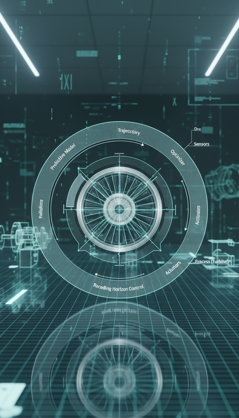 A precise, clean diagram of a model predictive control (MPC) loop illustrated as a series of translucent, layered arcs and vector fields alongside a stylized turbine engine. The setting is a virtual lab with polished digital surfaces, faint gridlines, and minimalist blueprints receding into the background. Cool, bluish studio lighting casts gentle reflections and sharp highlights on metallic and glass elements. The mood is analytical and visionary, with an eye-level, symmetrical composition that suggests order and forward momentum, all within a sophisticated, data-centric visual style.