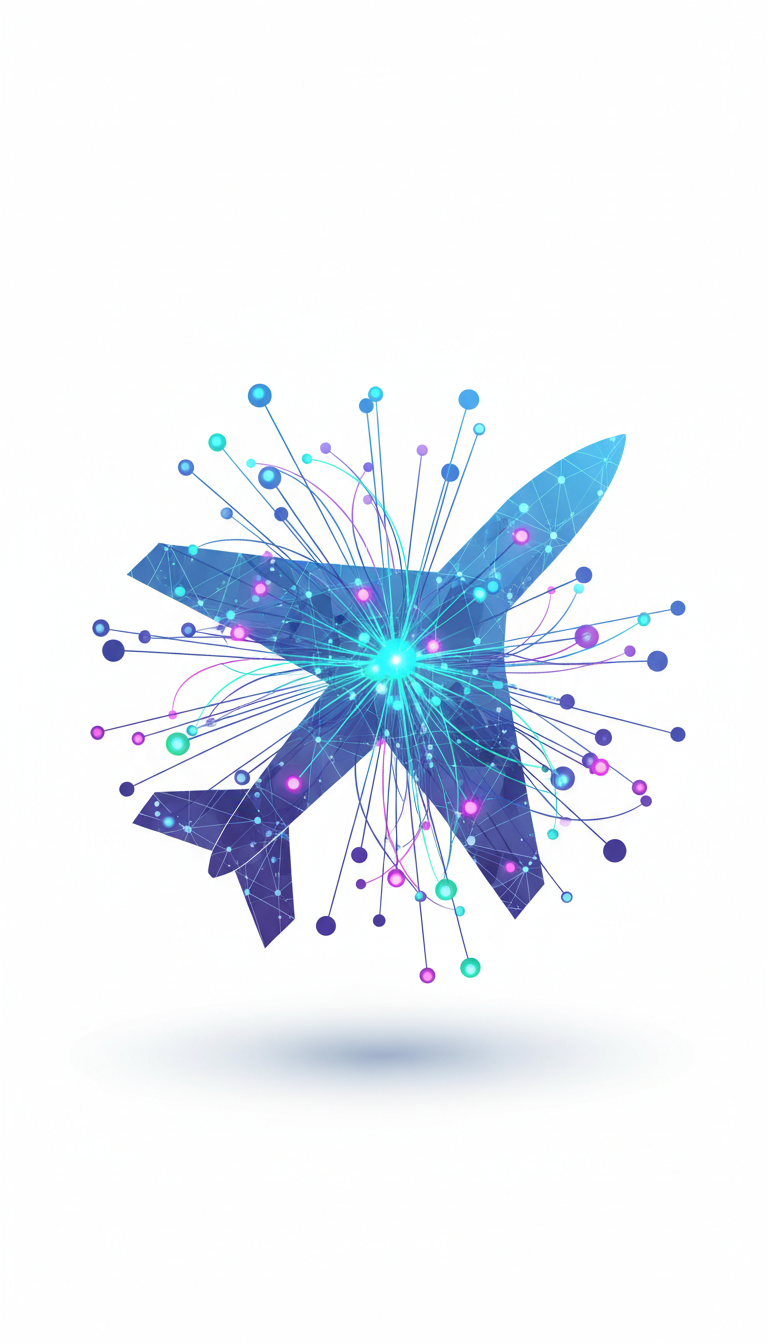 A crisp, modern interpretation of an advanced reinforcement learning algorithm depicted as luminous, interconnected neural network nodes overlaying a transparent, simplified jet aircraft silhouette. The graphic floats against a stark white background, with soft, even lighting creating subtle gradients, giving the illusion of digital depth and clarity. The composition employs the rule of thirds, with the jet angled dynamically across the frame. The mood is energetic, innovative, and technical, rendered in a minimalist, futuristic style perfect for illustrating state-of-the-art control theory in aeronautics.